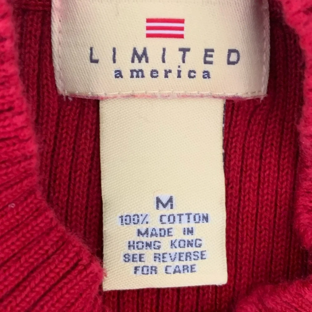 VTG 90s Limited America Knit Top Women M Cherry Red Ribbed Mockneck Short Sleeve